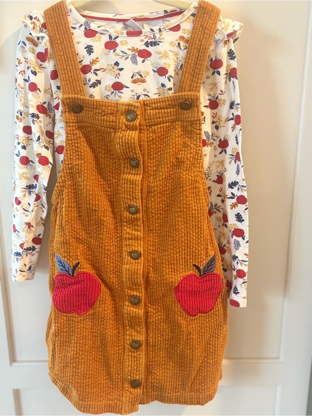 Tahari Mustard Corduroy Overall Dress with Red Apple Patches